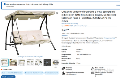 Dondolo da Giardino 3 Posti+letto - Outsunny