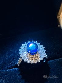 Anello oro 14ct con diamanti e zaffiro naturale