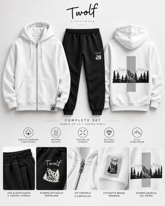 Twolf Mountain Completo Felpa Zip Bianca e Jogger