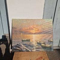 quadro olio su tela barche con tramonto