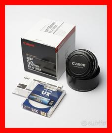 Canon EF 50mm f/1.4 USM + paraluce originale + fil