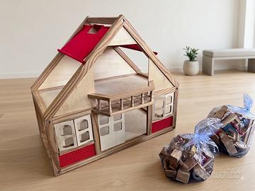 Casetta gioco in legno con arredi e personaggi