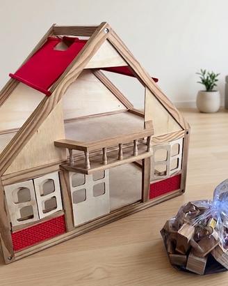 Casetta gioco in legno con arredi e personaggi