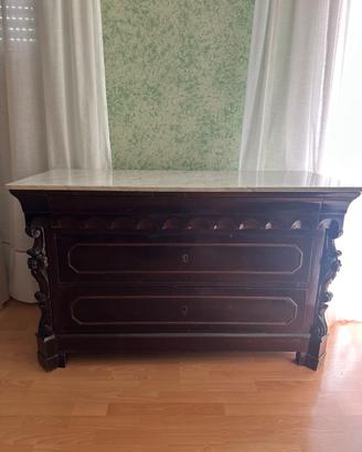Comò  antico in legno di mogano con piano in marmo