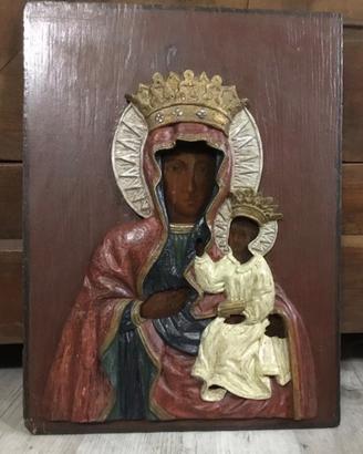 Icona in rilievo olio su tavola Madonna nera