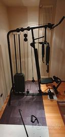 attrezzatura palestra, panca, dischi, bilanciere