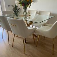 Tavolo design vetro oro + 4 sedie beige