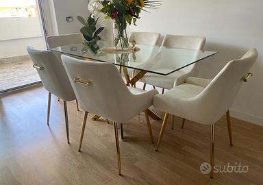 Tavolo design vetro oro + 4 sedie beige