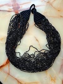 Collana vintage multifilo con perle di vetro nere