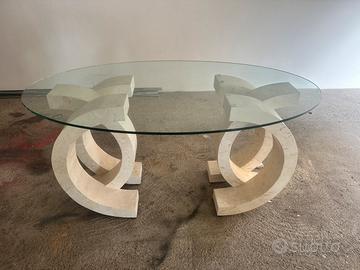 Coppia tavolo+tavolino in cristallo e simil marmo