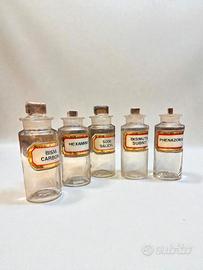 5 bottiglie farmacia, vetro etichette dorate, 1900