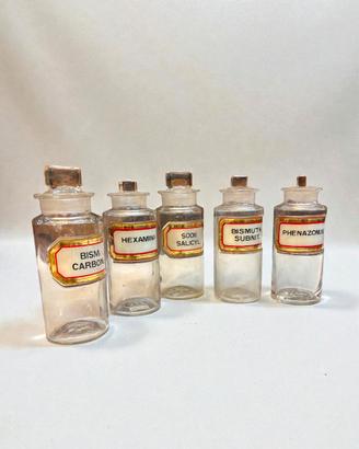 5 bottiglie farmacia, vetro etichette dorate, 1900
