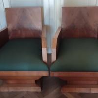 Coppia poltrone e 6 sedie Decò in radica