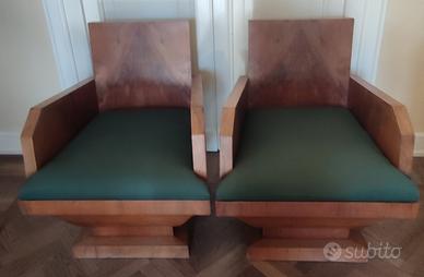 Coppia poltrone e 6 sedie Decò in radica
