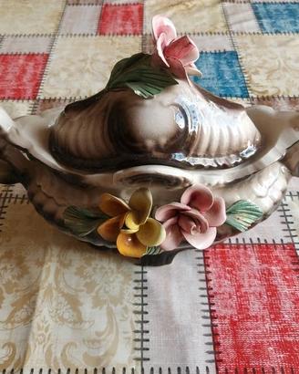 Zuppiera Centrotavola Ceramica Fiori Rilievo