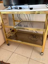 Carrello bar vintage in ottone con portabottiglie