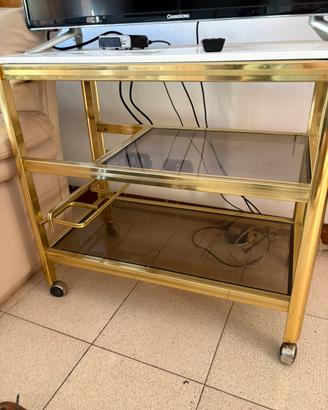 Carrello bar vintage in ottone con portabottiglie