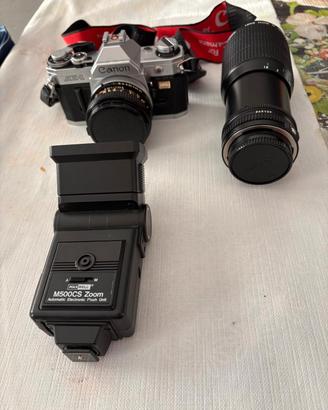 Kit Canon AE-1 vintage + flash Promaster + teleob