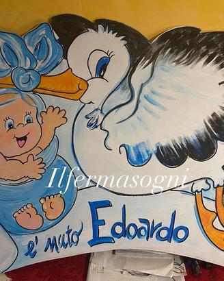 Sagome fiocco nascita cicogna in legno