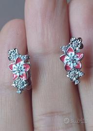 Orecchini fiore rosa in argento con zirconi 