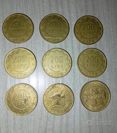 Lotto 9 Monete Italia 200 Lire