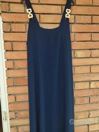 Vestito lungo blu elegante con bretelle gioiello 