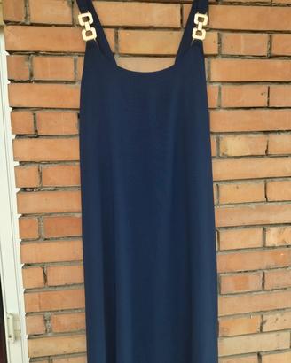 Vestito lungo blu elegante con bretelle gioiello 