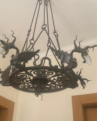 Lampadario Neorinascimento, ferro battuto XIX-XX