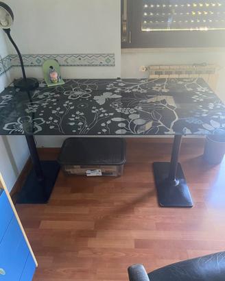 Scrivania vetro nero decorato floreale con piedini