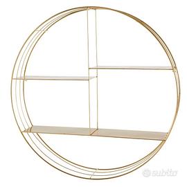 Scaffale design da parete rotondo metallo dorato.
