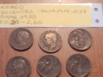KM#60;monete italiane da 10 centesimi in rame, 