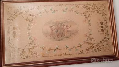 Arazzo antico in seta con cornice stile fine 800