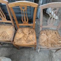 Tre sedie in legno seduta in paglia da restaurare