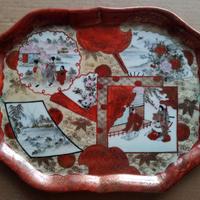 Vassoio Giapponese Kutani Porcellana Figure Paesag