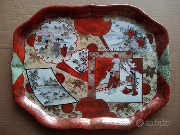 Vassoio Giapponese Kutani Porcellana Figure Paesag