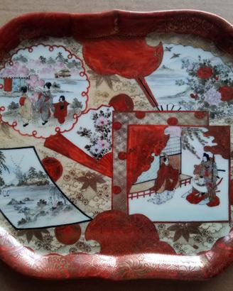 Vassoio Giapponese Kutani Porcellana Figure Paesag