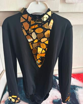 Body ginnastica ritmica nero con specchi oro.