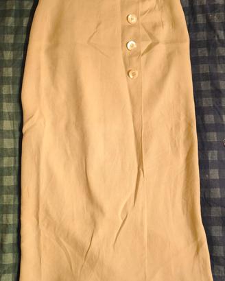 Gonna lunga beige a tubino con vita alta