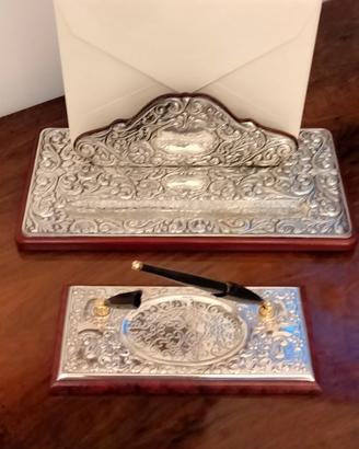 Elegante servizio da scrivania in arg.925 e mogano