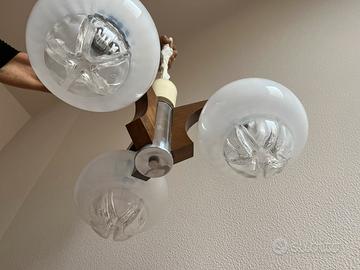 Lampadario Vintage Anni 70/80 A 3 Luci Vetro Legno
