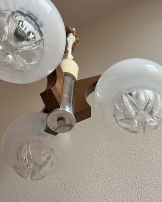 Lampadario Vintage Anni 70/80 A 3 Luci Vetro Legno