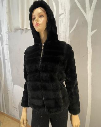 Eco pelliccia nera cerniera oro cappuccio tg.S