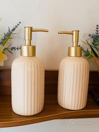 Dispenser in Ceramica Beige con Pompa Oro - NUOVO