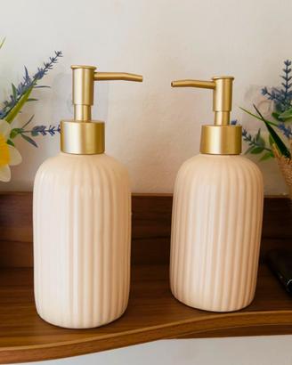 Dispenser in Ceramica Beige con Pompa Oro - NUOVO
