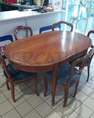 TAVOLO OVALE LEGNO E 5 SEDIE IMBOTTITE BLU