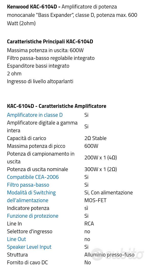 Amplificatore Kenwood KAC-6104D 600w - Audio/Video In vendita a