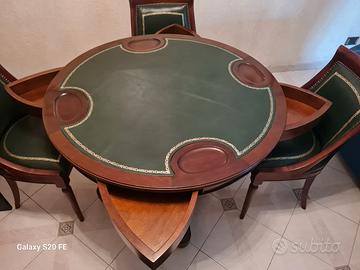 Tavolo da poker rotondo legno mogano e vera pelle