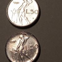 2 monete rare mini 50 lire del 1991