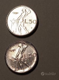 2 monete rare mini 50 lire del 1991