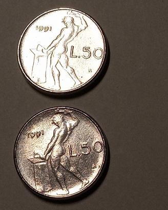 2 monete rare mini 50 lire del 1991